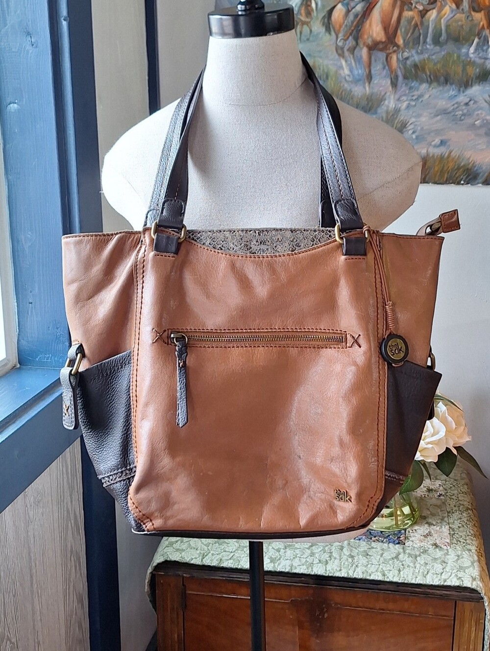 The Sak Kendra Satchel or Shoulder Bag In Two-Toned Leather, PO-16309-CV
